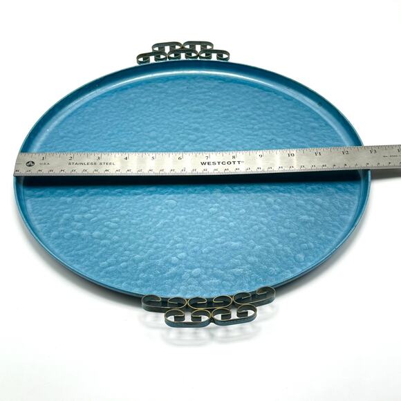 Vintage Moire Glaze Kyes Blue Serving Platter Tray with Handles 12.75” Round MCM - Picture 7 of 8